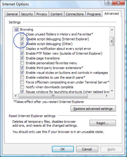IE7 disable debugging