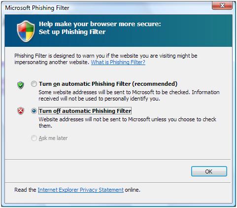 IE7 - Disable Phishing Filter