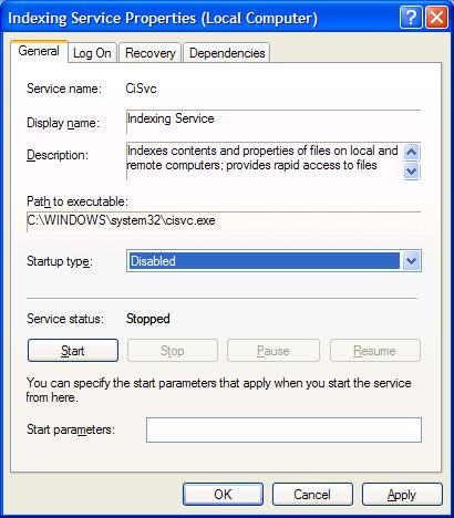 Disable Windows indexing service