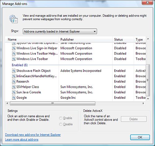 Manage Add-ons in IE7