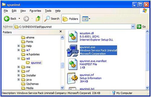 IE8 uninstall folder in WIndows XP