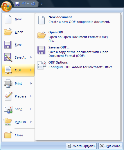 ODF menu in MS Word