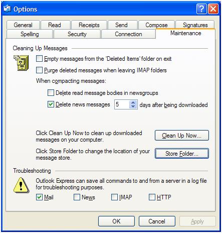 Outlook Express log file settings