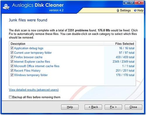 Disk cleaner results