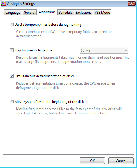 AusLogics disk defragmentation options