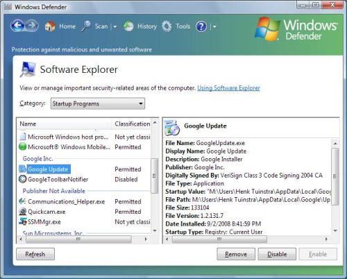 Windows Defender Software Explorer