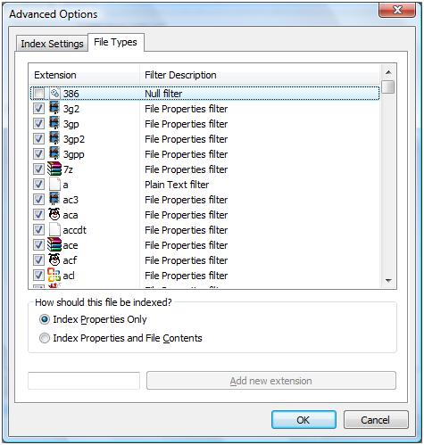 Vista indexing file types