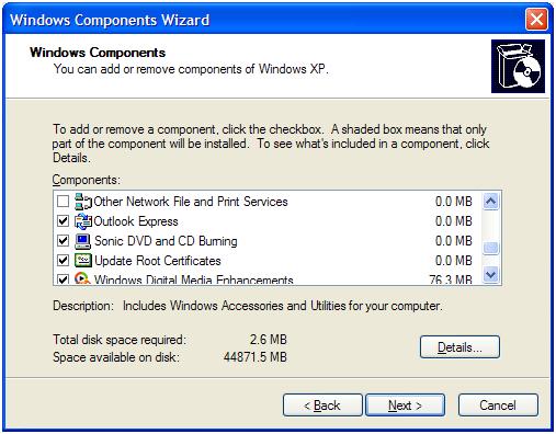 Windows XP component wizard