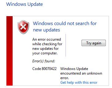 Windows update error code 80070422