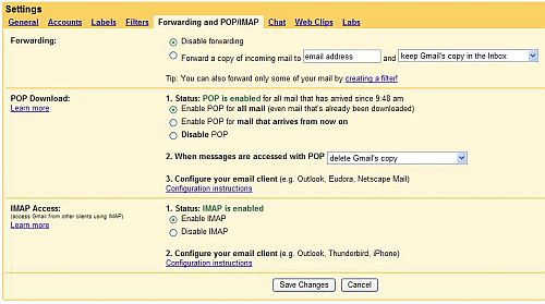 Gmail settings for POP access