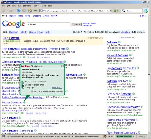 McAfee SiteAdvisor search results