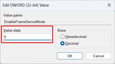 Disable Frame Server Mode in Windows