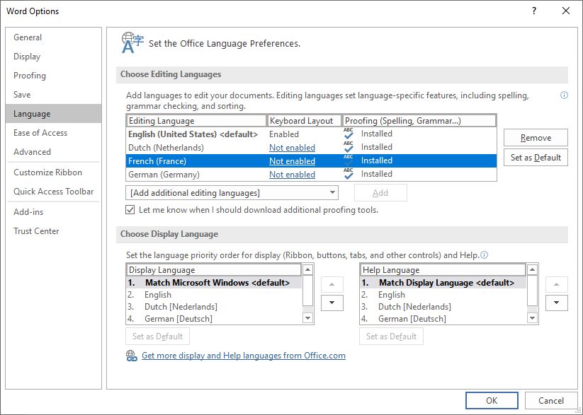 Word 2019 language options