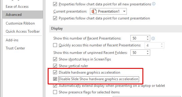 Powerpoint 2019 disable acceleration
