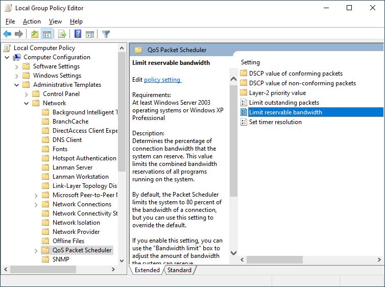 Limit Reserved Bandwidth with Group Policy Editor