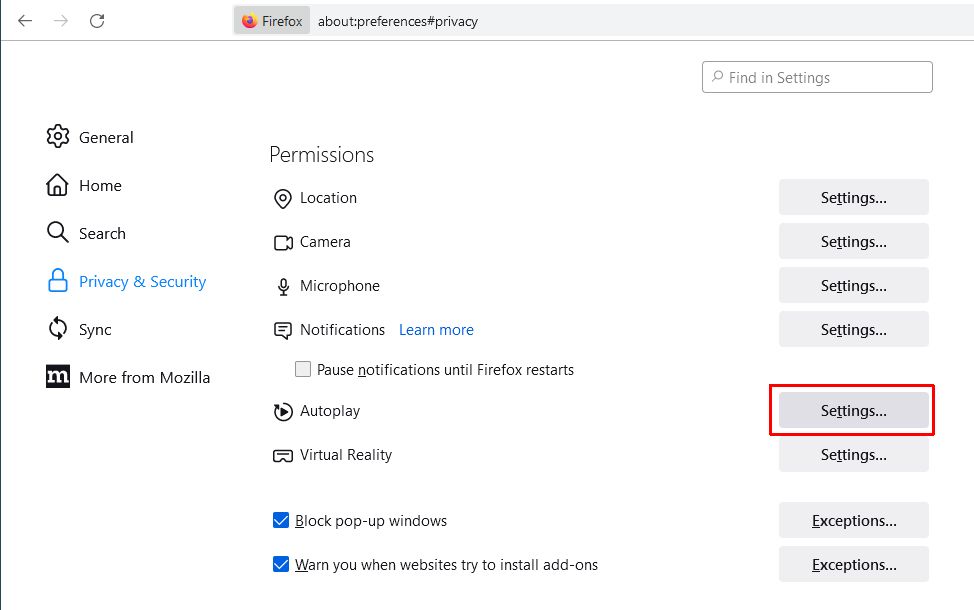 Firefox autoplay settings
