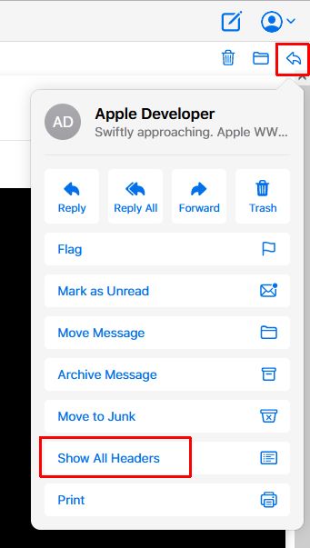 Apple iCloud mail show all headers