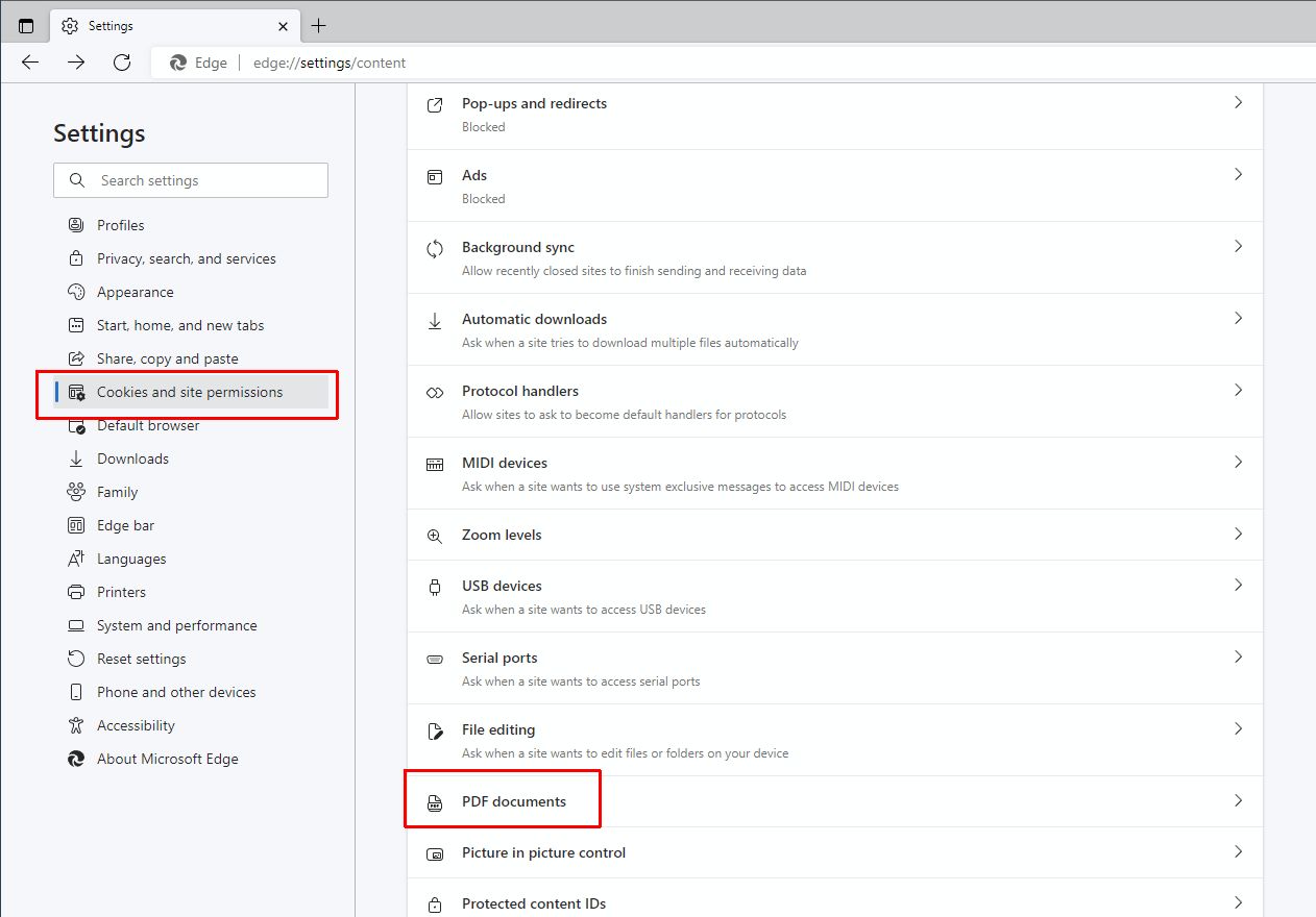 Edge PDF settings
