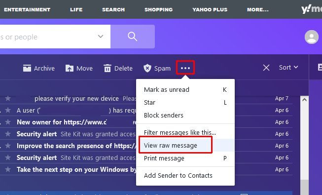 Yahoo view raw message