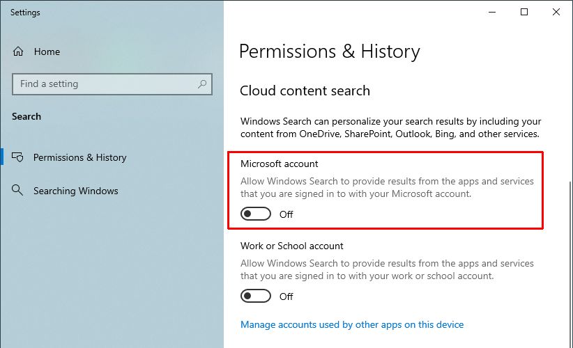 disable microsoft account search
