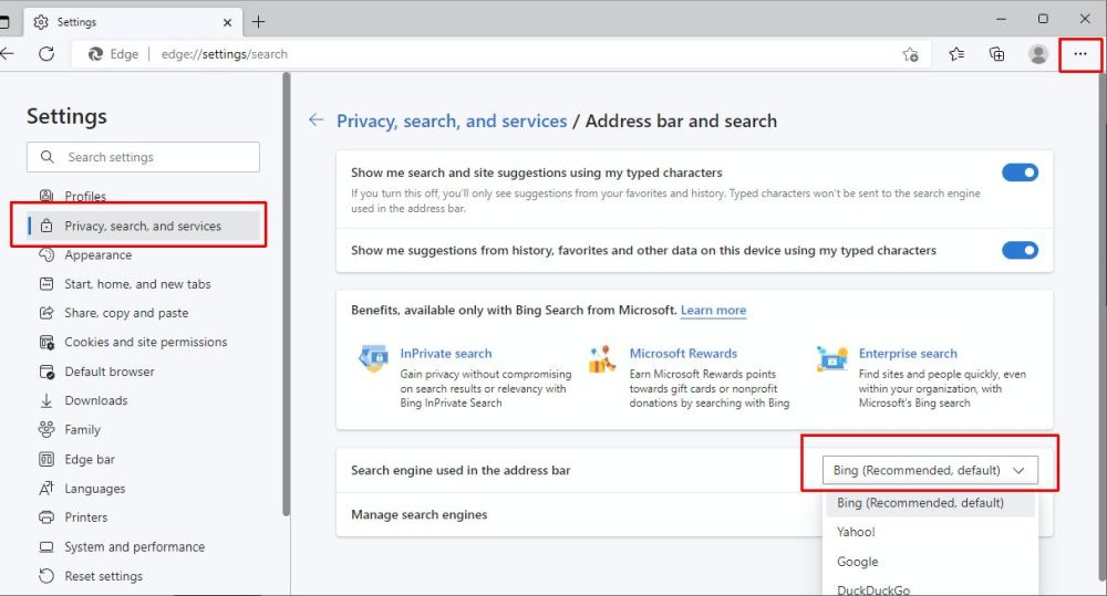 Change default search engine in Edge
