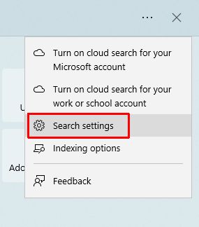 Windows search settings menu