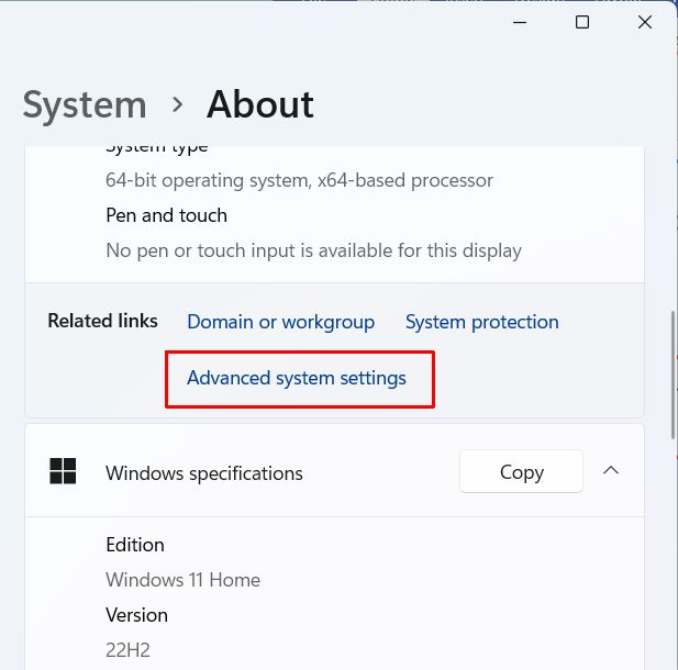 Windows 11 advanced system settings