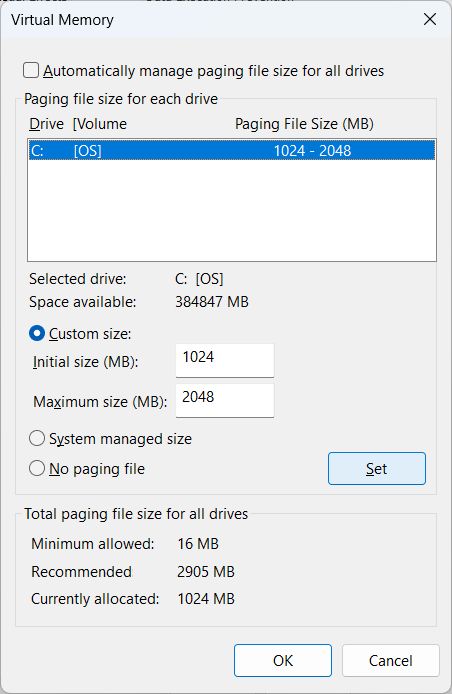 Custom Paging File in Windows 11