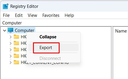 export Windows registry