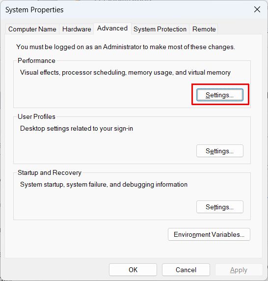 Windows 11 performance settings