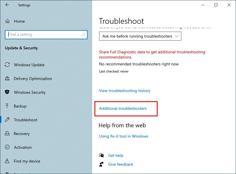 Windows 10 additional troubleshooters