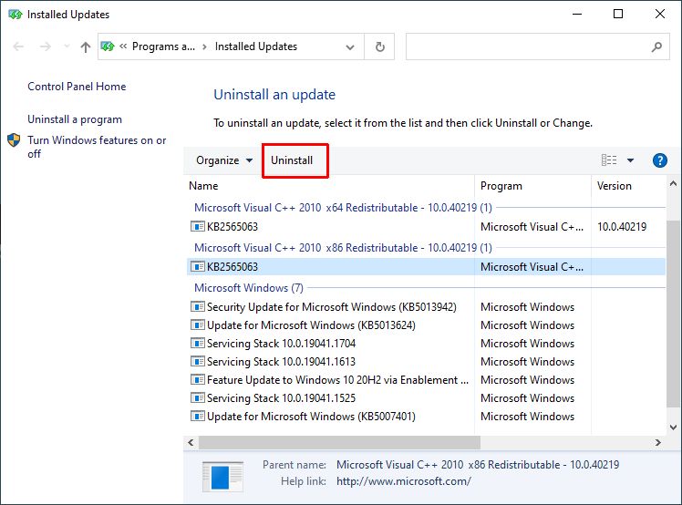 Uninstall update in Windows 10