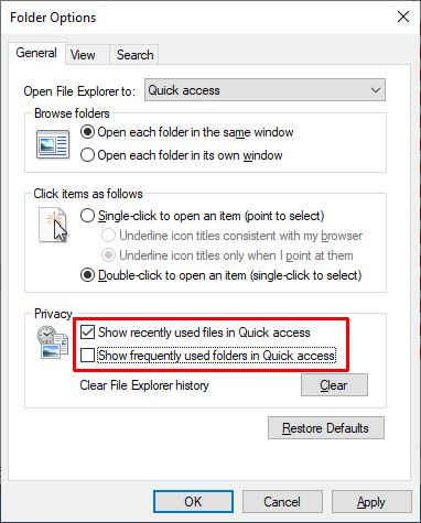 Exclude files or folders from quick access