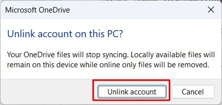 OneDrive Confirm Unlink account