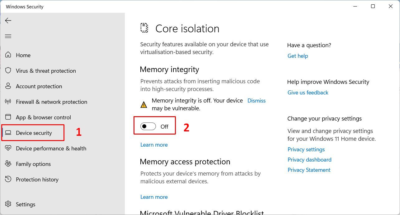 Windows 11 disable memory integrity