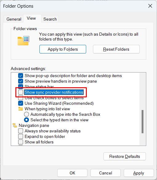 Disable File Explorer notifications