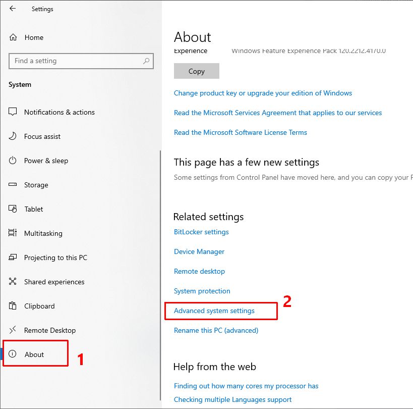 Windows 10 Advanced system settings