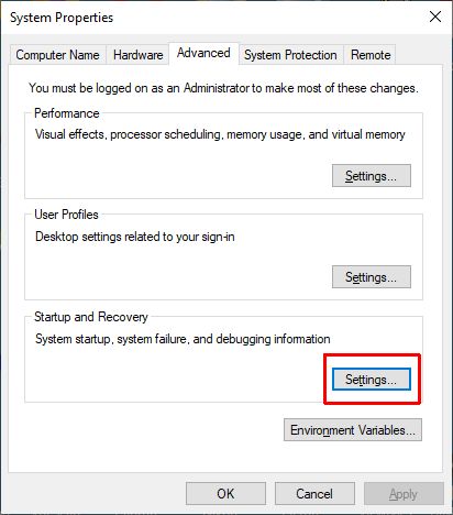 Windows Start and recovery settings